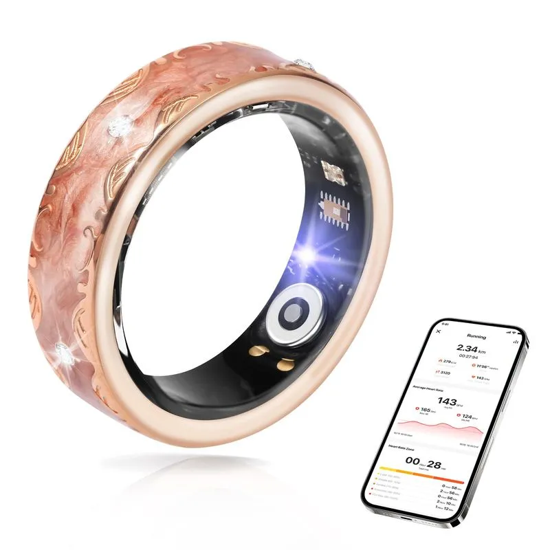 JIANVNUI Smart Ring Rose Gold Size 9 being worn on the index finger